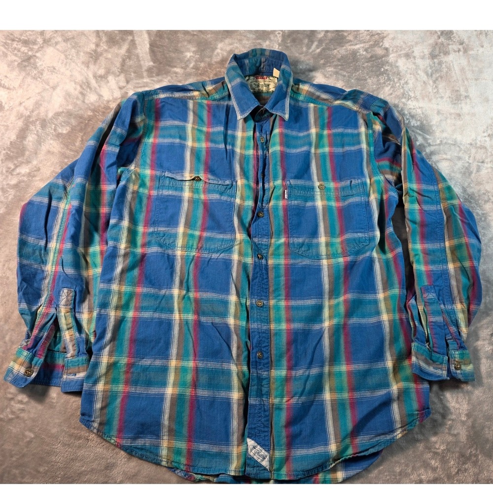 Vtg 90's Levi's Button Up Shirt Mens Medium Blue Plaid Long Sleeve Cotton